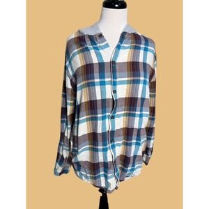 PacSun Hooded Plaid Shirt Unisex Sz M Blue Yellow White Check Flannel Hoodie